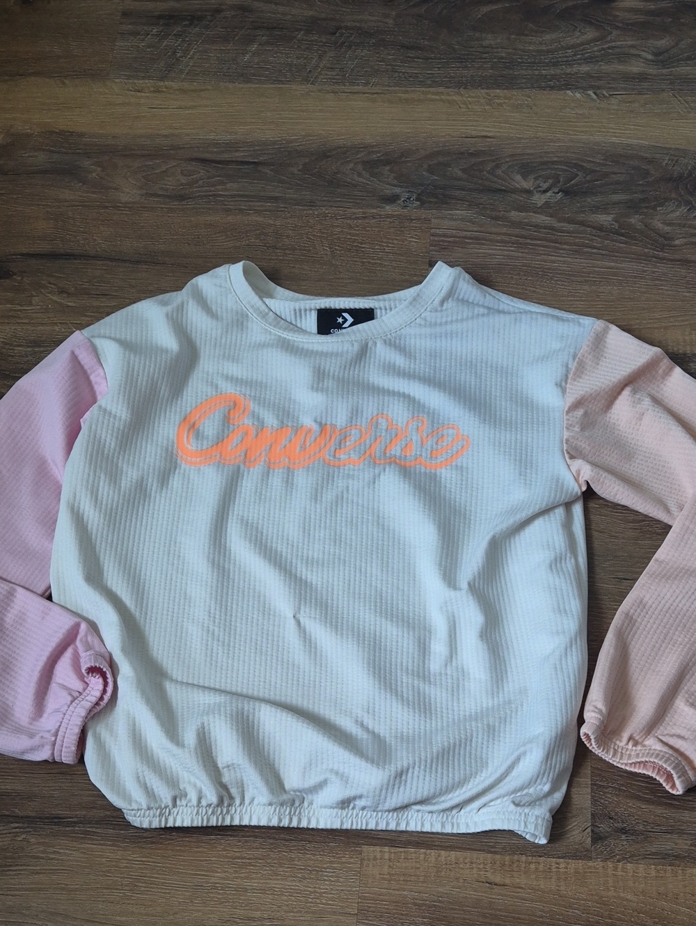 Converse Girls Colorblock Ribbed Long Sleeve Sweatshirt Cream Pink Peach Size L